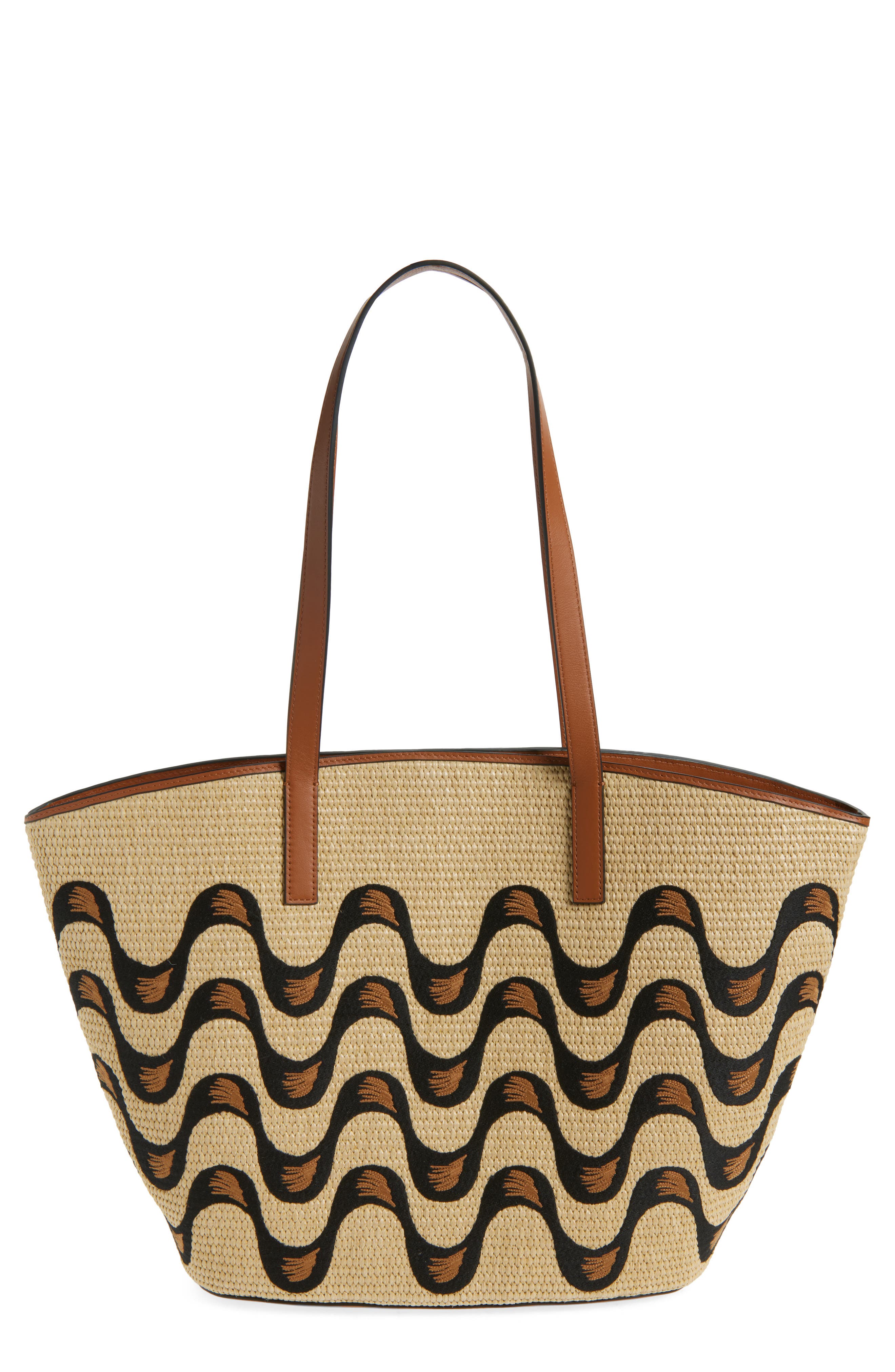 FARM Rio Large Embroidered Raffia Basket Tote, Main, color, Natural Raffia And Black