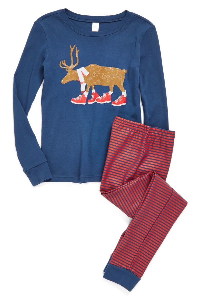 Fitted Two-Piece Pajamas, Main, color, NAVY DENIM REINDEER