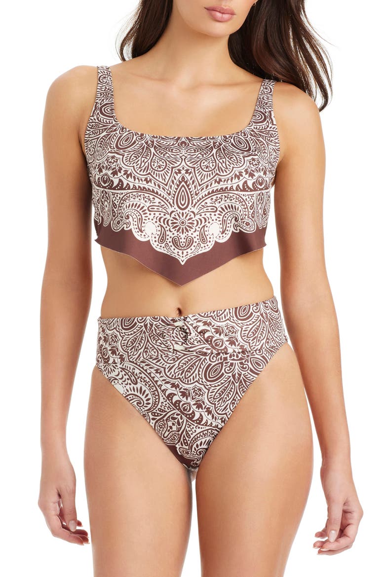 Printed Handkerchief Hem Tankini Top, Alternate, color, ESPRESSO