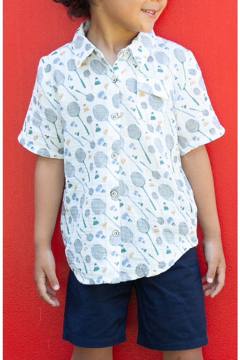 Kids' Jerry Racket Print Short Sleeve Cotton Button-Up Shirt, Alternate, color, BADMINTON