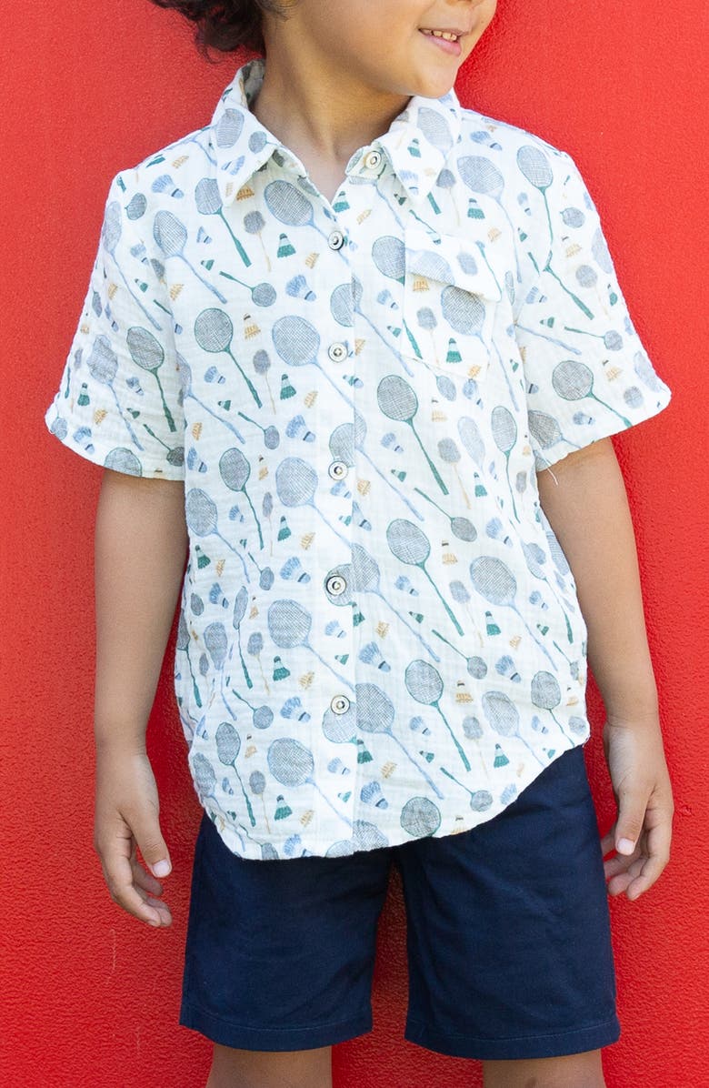 Miki Miette Kids' Jerry Racket Print Short Sleeve Cotton Button-Up Shirt, Alternate, color, Badminton