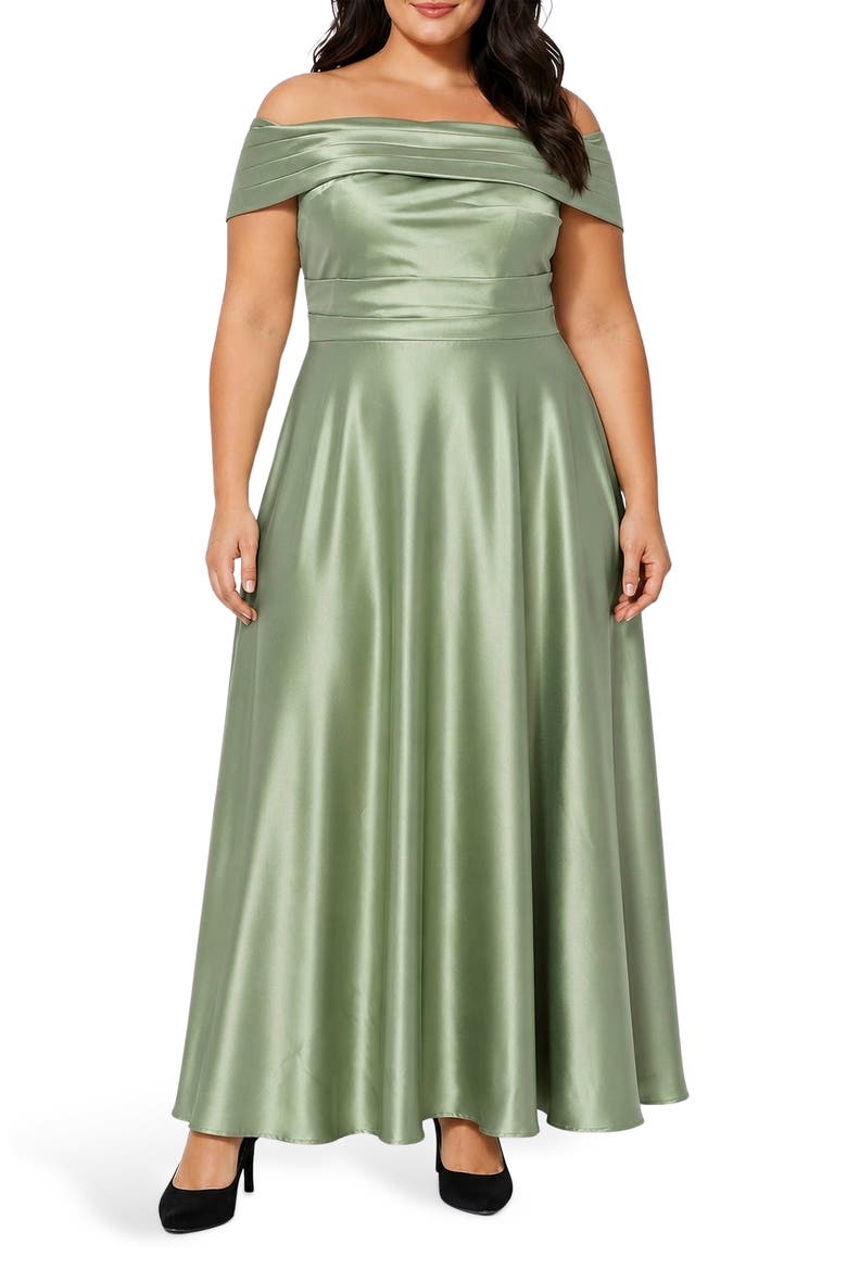 Ruched Off the Shoulder Satin Gown, Main, color, SAGE