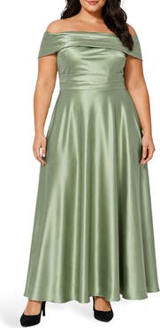 Oleg Cassini Ruched Off the Shoulder Satin Gown