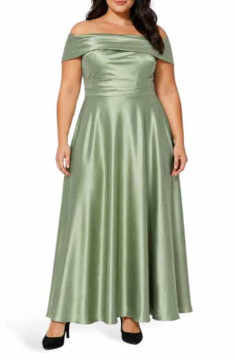 Ruched Off the Shoulder Satin Gown