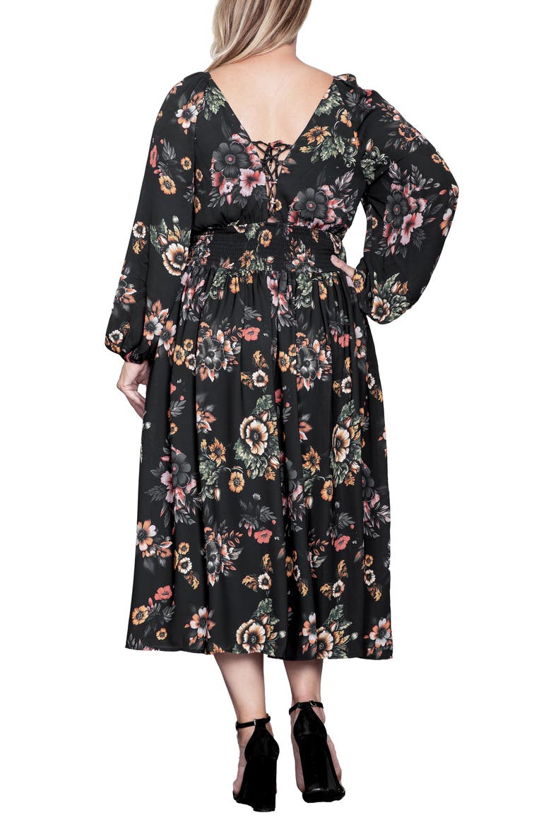 Floral Print Long Sleeve Georgette Midi Dress, Alternate, color, RUSTY FLORAL BLACK