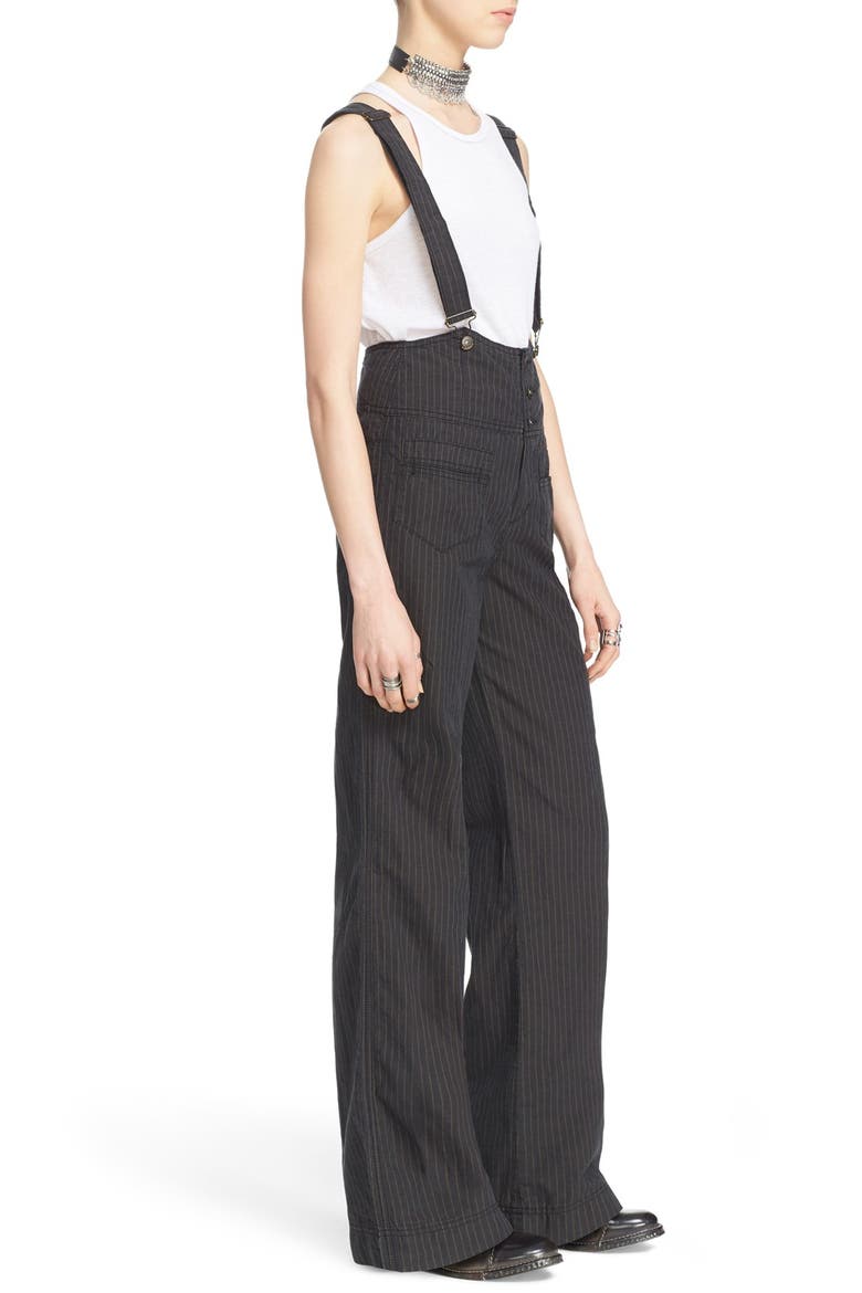 Pinstripe Flare Overalls, Alternate, color, BLACK/ TAN