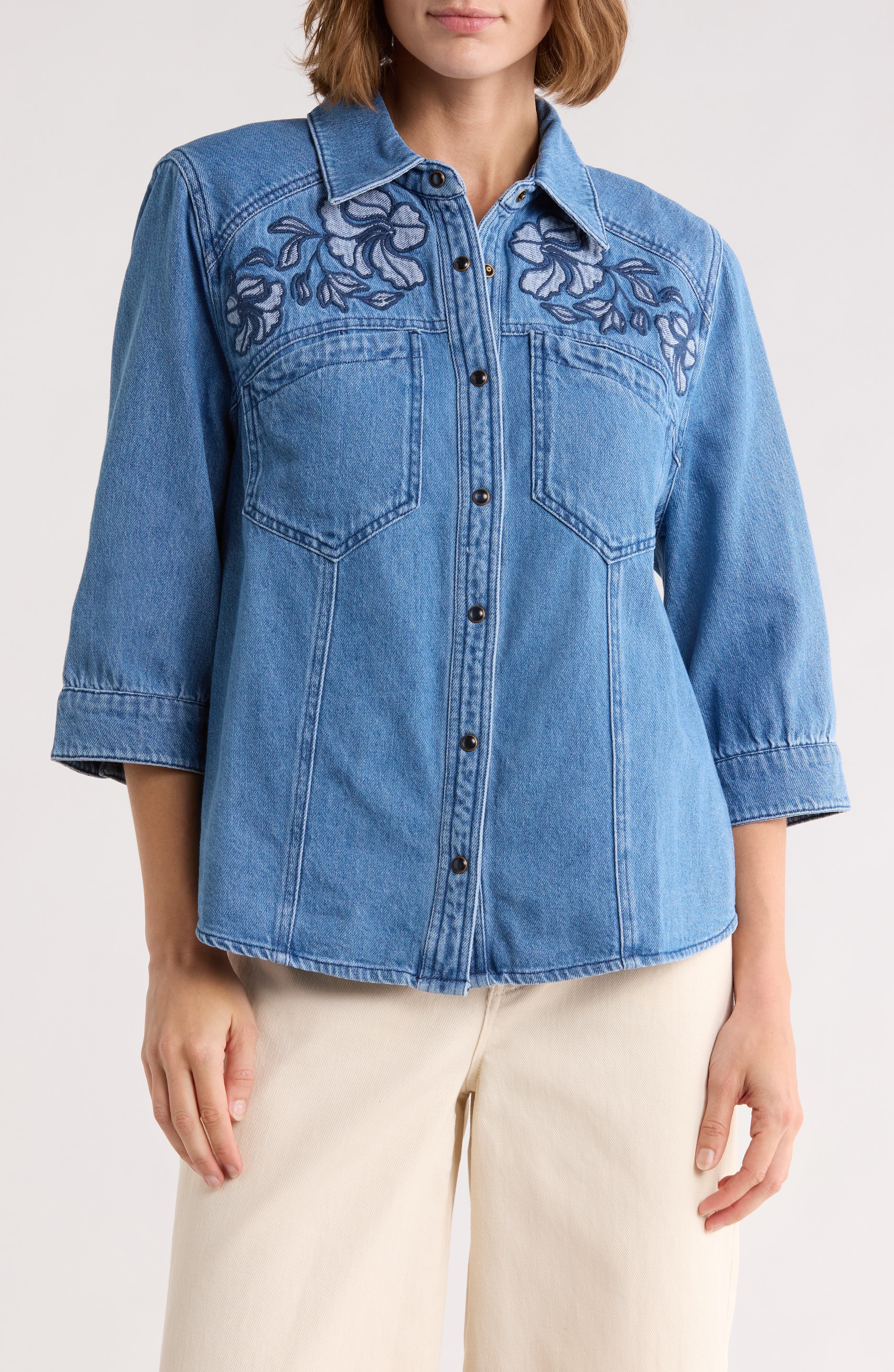 Democracy Floral Embroidered Denim Shirt Jacket