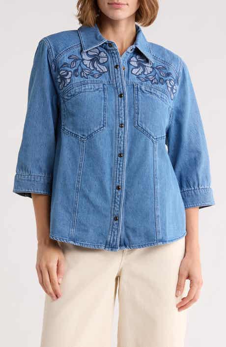 Democracy Floral Embroidered Denim Shirt Jacket
