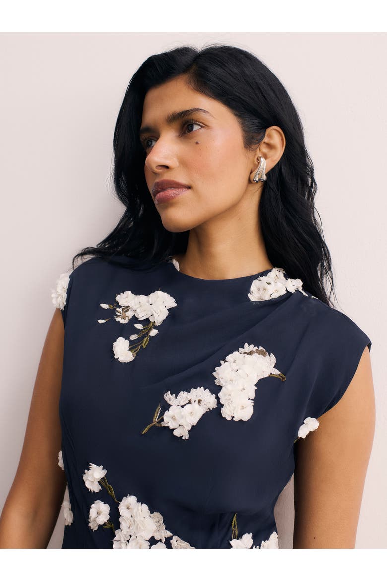 Embroidered Floral Midi Dress Cap Sleeve, Alternate, color, Navy