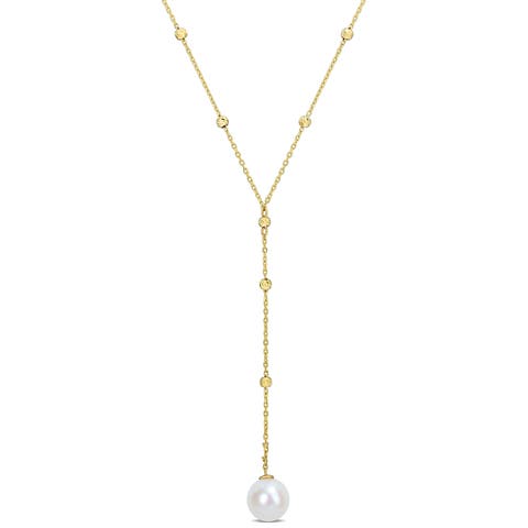 Cultured Pearl Ball Station Lariat Necklace 10k