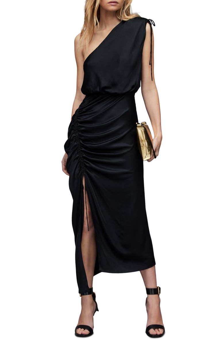AllSaints Laura Shimmer One-Shoulder Ruched Dress, Main, color,