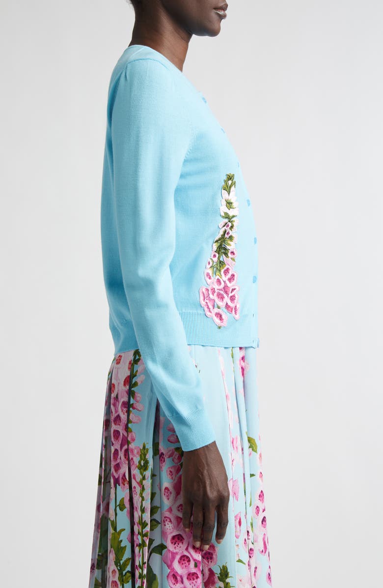 Oscar de la Renta Foxglove Embroidered Virgin Wool Cardigan, Alternate, color, Lilac/ Sky