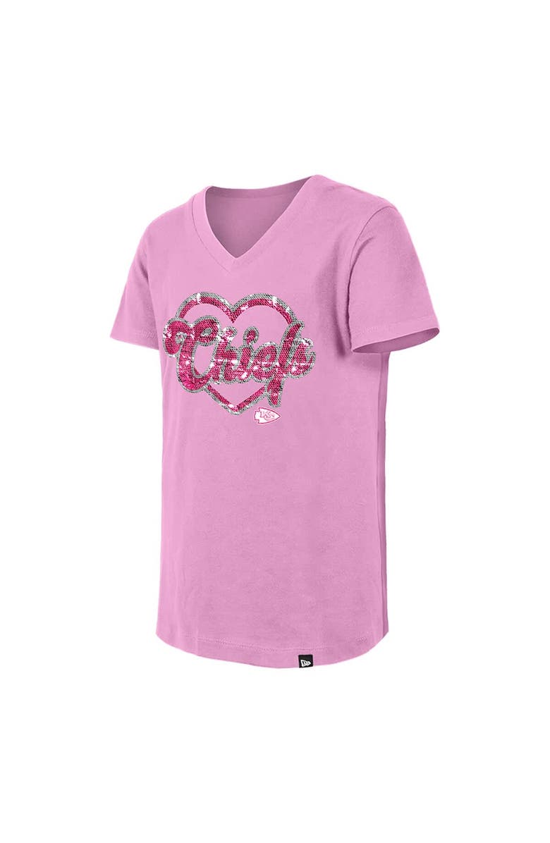 New Era Girls Youth New Era Pink Kansas City Chiefs Flip Sequins V-Neck T-Shirt, Alternate, color, 