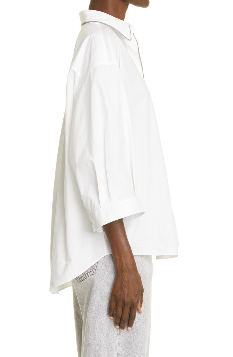 Brunello Cucinelli Embellished Trim Cotton Button-Up Blouse, Alternate, color,