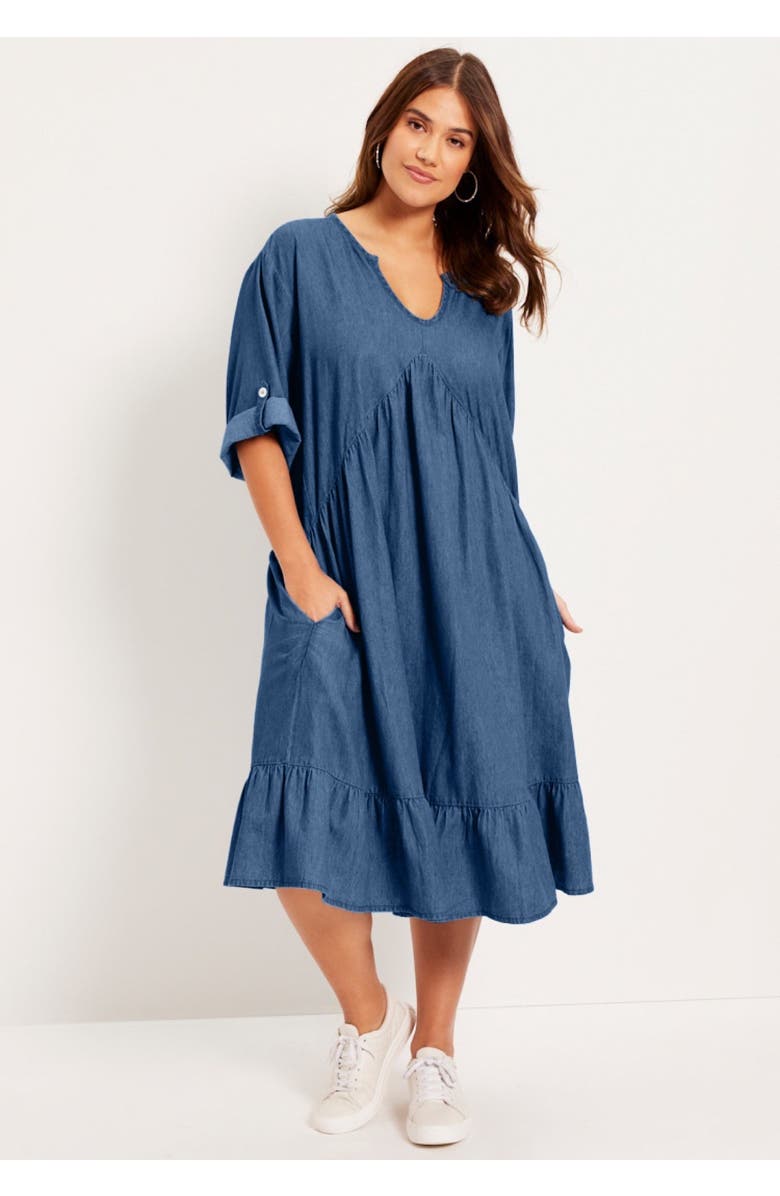 June + Vie Ruffled Denim Dress, Alternate, color, Medium Wash