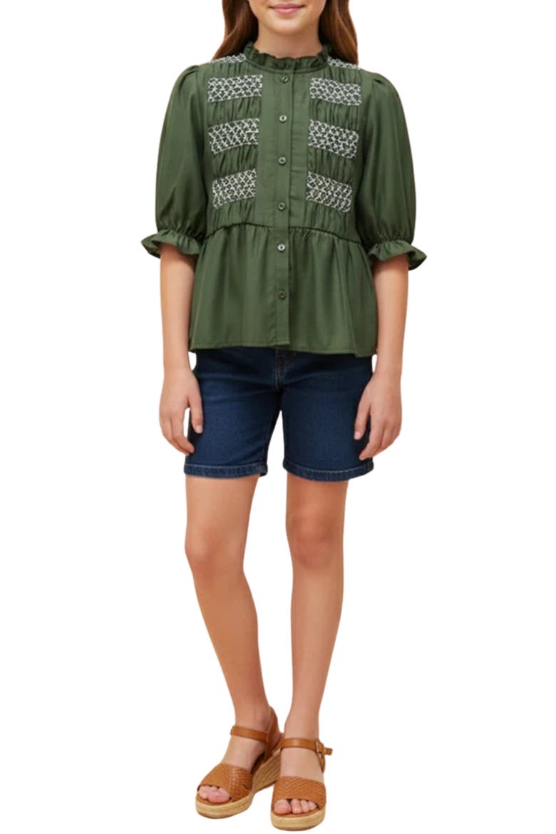Kids' Ruffle Embroidered Button-Up Shirt, Alternate, color, OLIVE