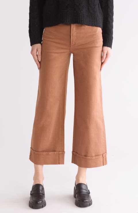 High Waist Cuffed Ankle Wide Leg Jeans