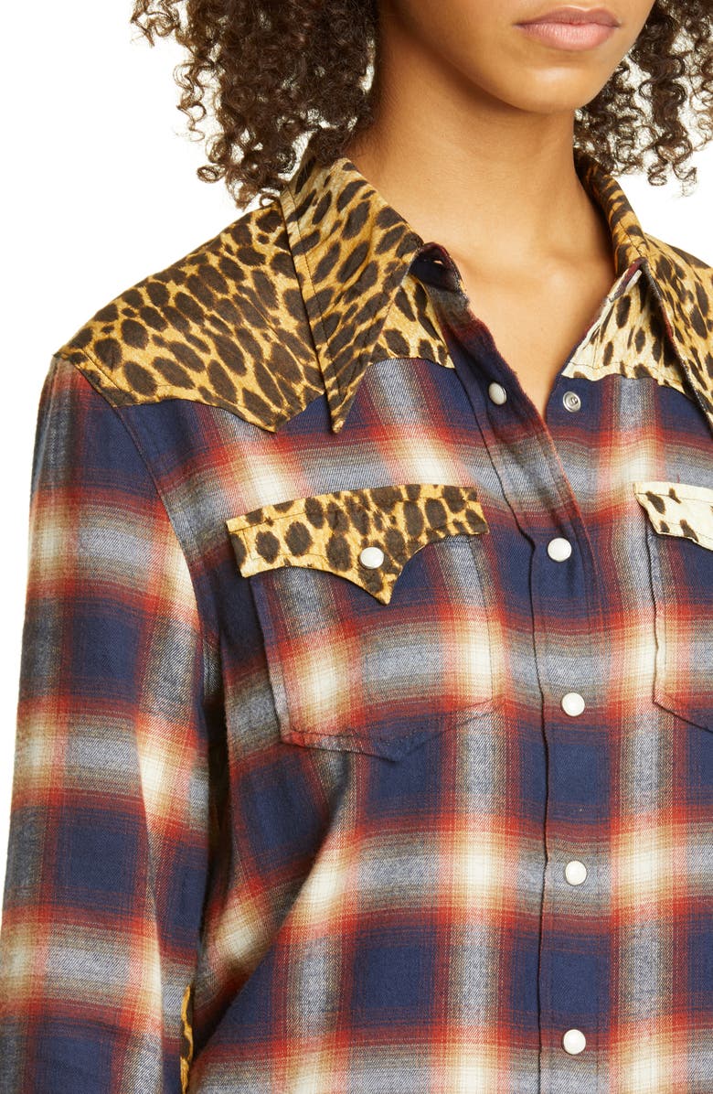 R13 Cheetah Contrast Plaid Shirt, Alternate, color,