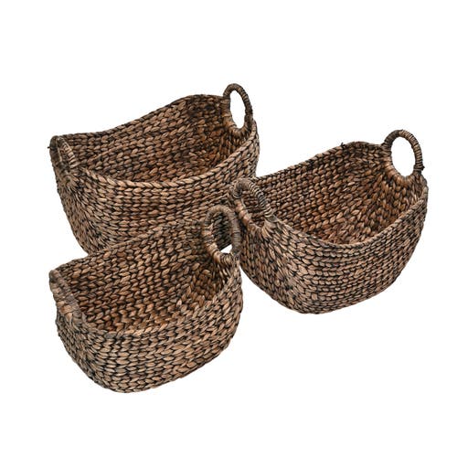 Happimess Nellie Farmhouse Classic Handwoven Hyacinth Storage Boat Baskets With Handles (set Of 3) In Brown