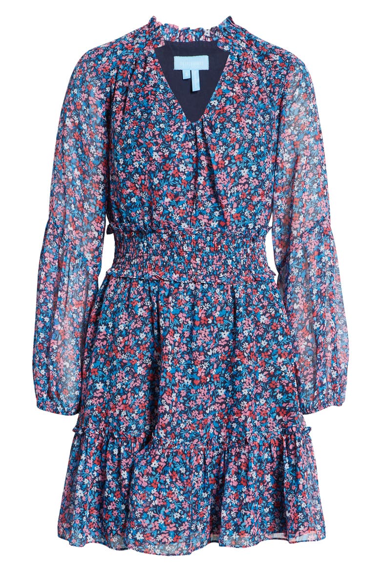 Floral Print Smocked Waist Long Sleeve Minidress, Alternate, color, BLUE MULTI