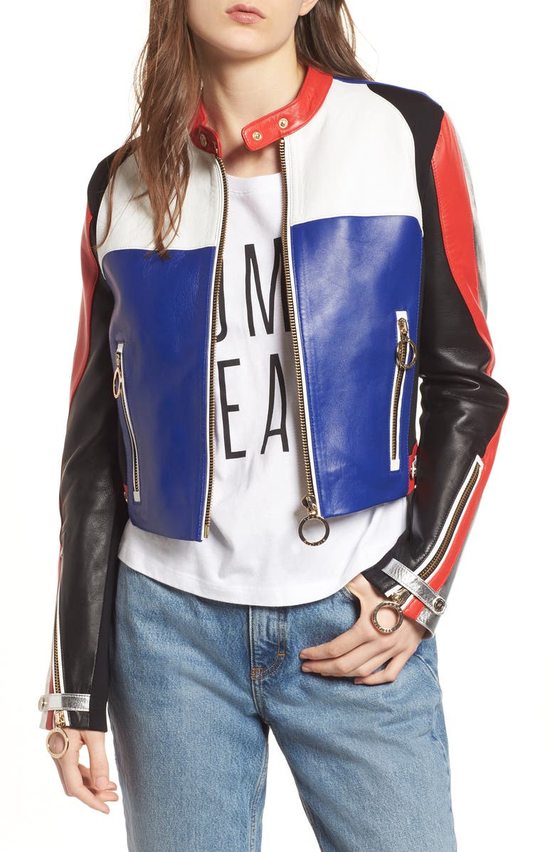 TOMMY JEANS x Gigi Hadid Colorblock Leather Moto Jacket, Main, color,