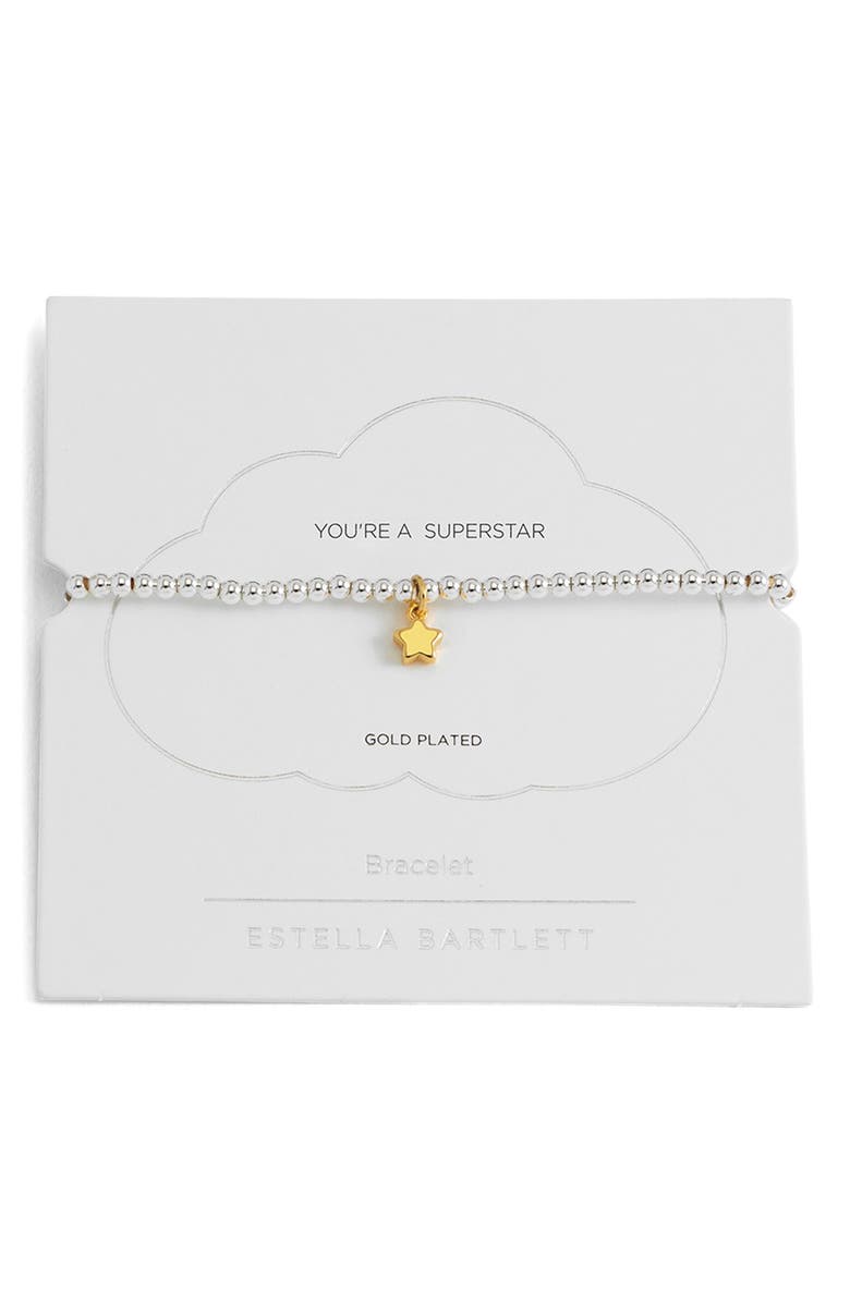 Estella Bartlett Puffed Star Sienna Beaded Stretch Bracelet, Main, color, Gold And Silver