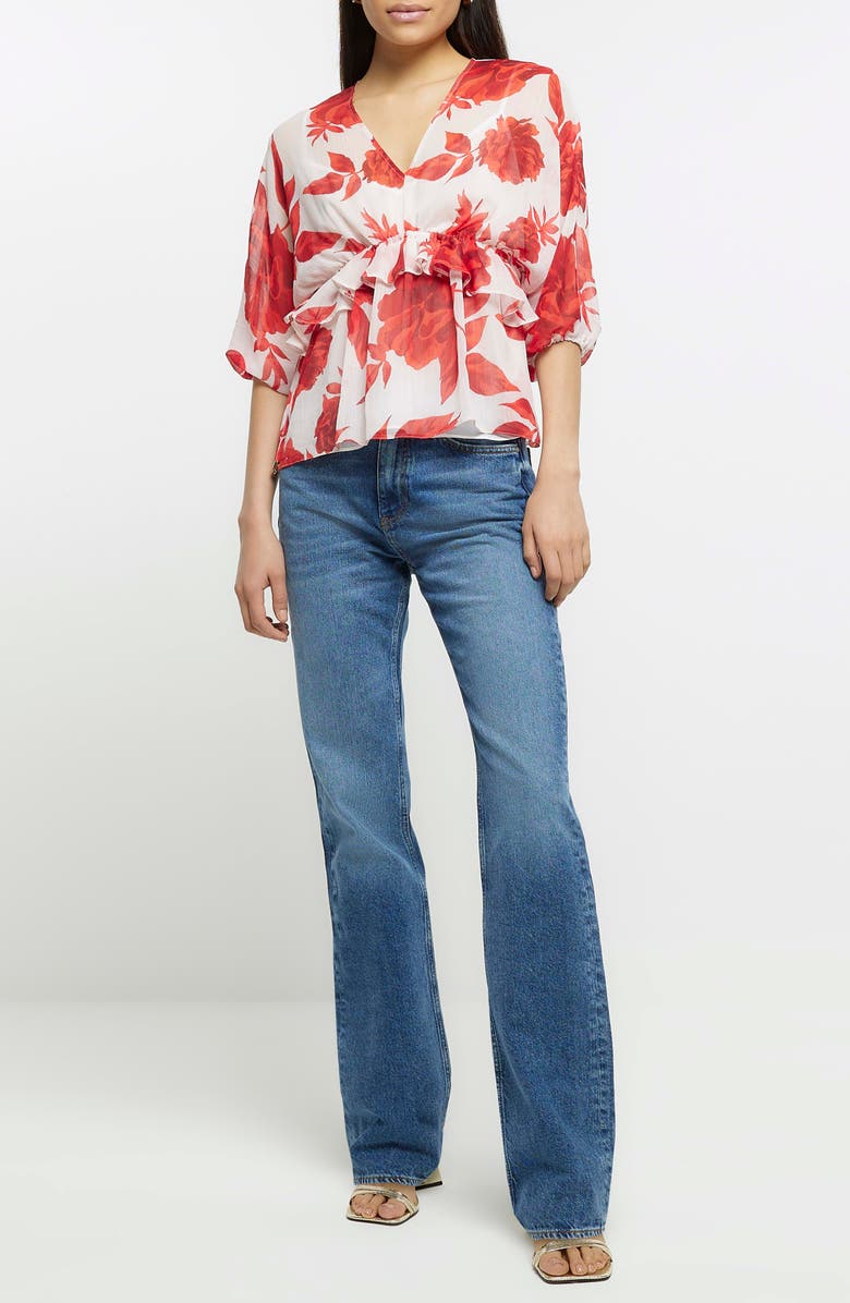 River Island Floral Ruffle Drawstring Waist Peplum Blouse, Alternate, color,