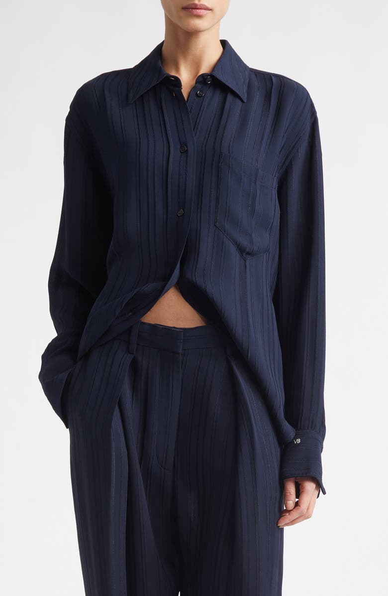 Victoria Beckham Pyjama Stripe Button-Up Shirt, Main, color, Navy