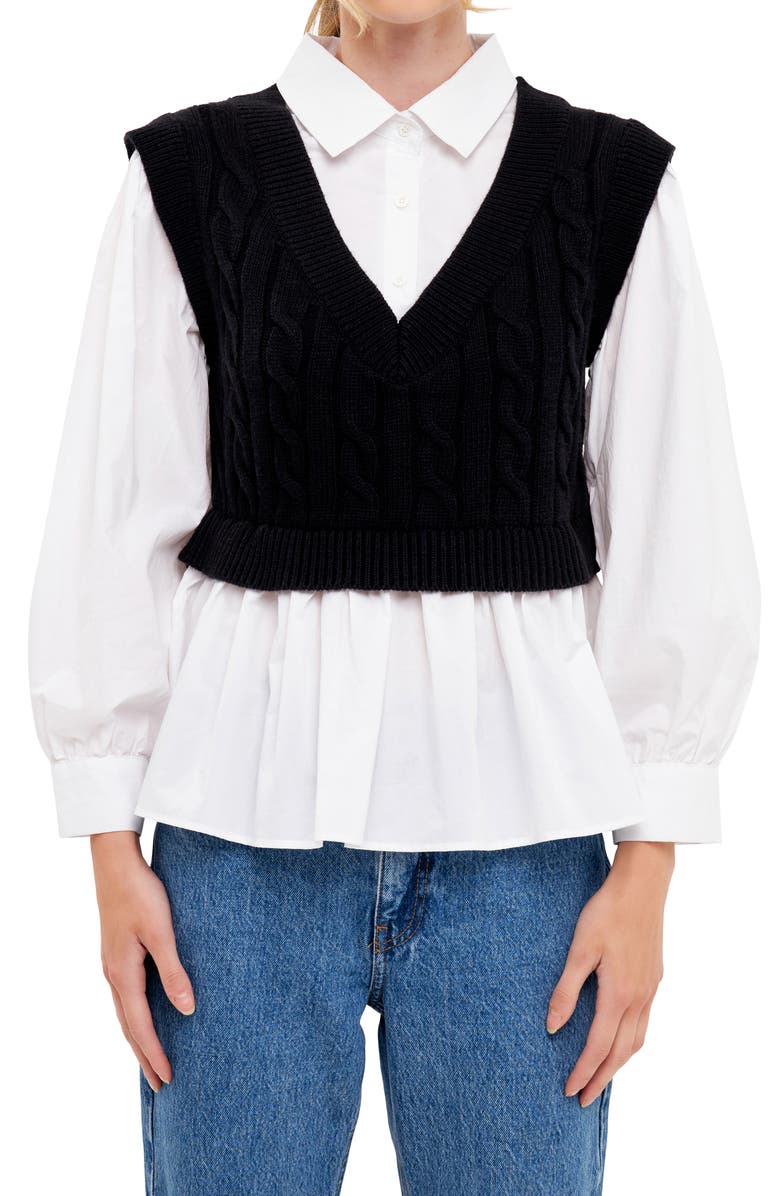 English Factory Cable Knit Mixed Media Top, Alternate, color,