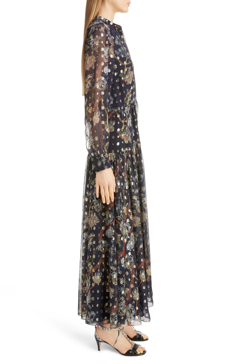 Chloé Print Metallic Long Sleeve Fil Coupé Maxi Shirtdress, Alternate, color, 