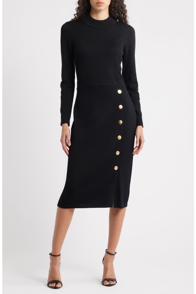 Button Mock Neck Long Sleeve Midi Dress, Main, color, BLACK