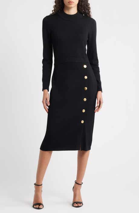 Button Mock Neck Long Sleeve Midi Dress