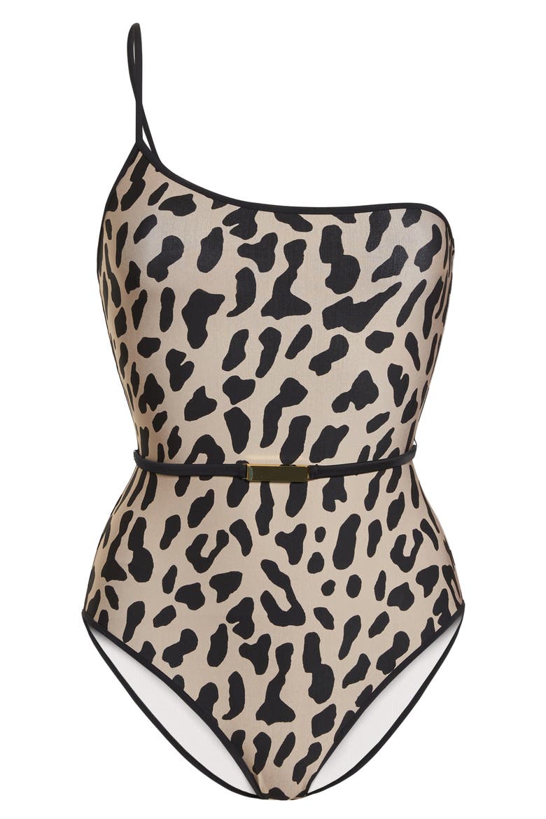 Belted One-Shoulder One-Piece Swimsuit, Alternate, color, BELMONT LINEN
