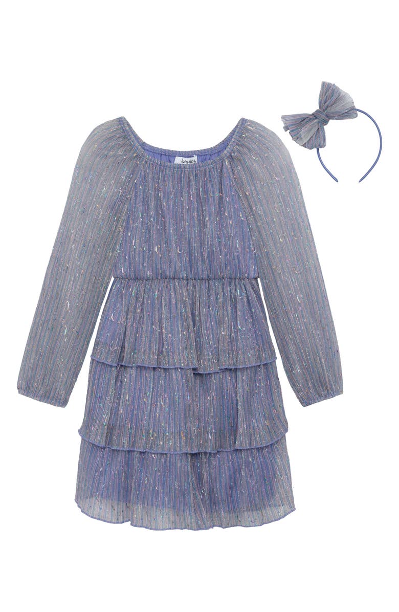 Speechless Kids' Celestial Long Sleeve Plissé Tiered Dress & Headband Set, Main, color, 