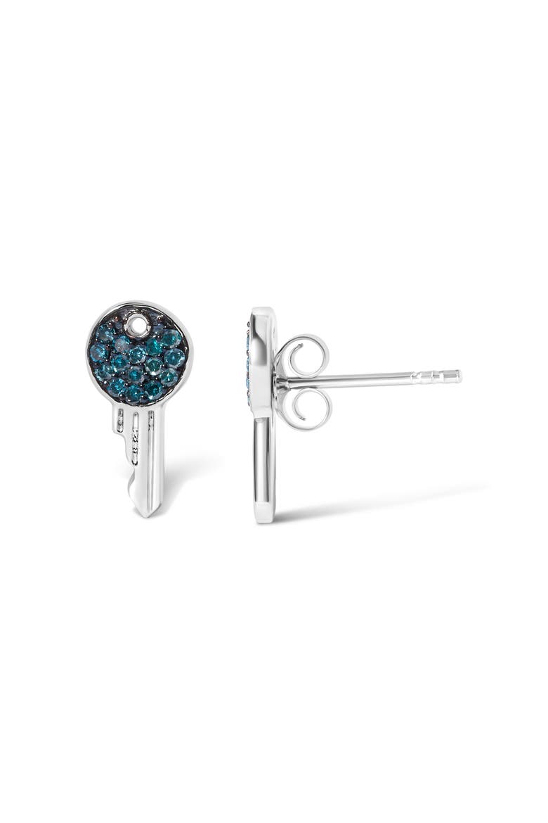 Sterling Silver 1/6 Cttw Blue Diamond Key Motif Stud Earrings, Alternate, color, Silver