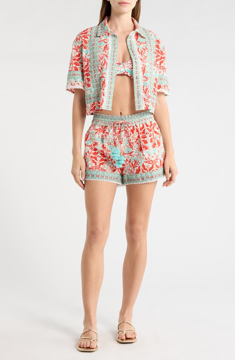 Ramy Brook Lorna Crop Cover-Up Shirt, Main, color, Flame Combo