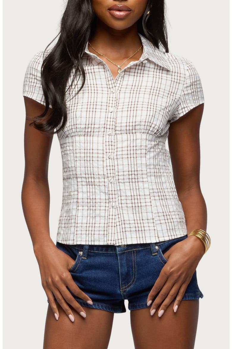 Naiah Plaid Short Sleeve Tailored Cotton Blend Button-Up Shirt, Main, color, BROWN-AND-WHITE