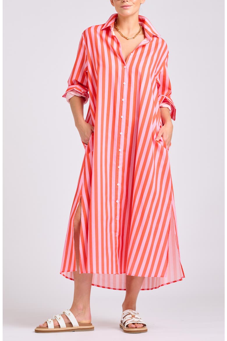 Mixed Stripe Long Sleeve Shirtdress, Alternate, color, PINK PAPAYA STRIPE