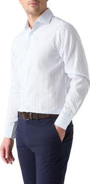 Robert Talbott Reynolds Blue Multi Thin Stripe Cotton Linen Blend Shirt in Contemporary fit