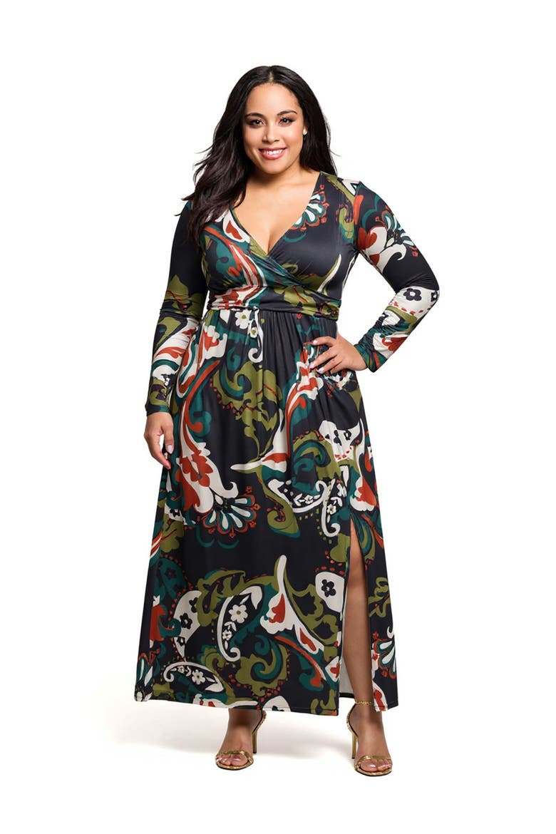 Paisley Print Long Sleeve Wrap Maxi Dress, Main, color, Navy Multi