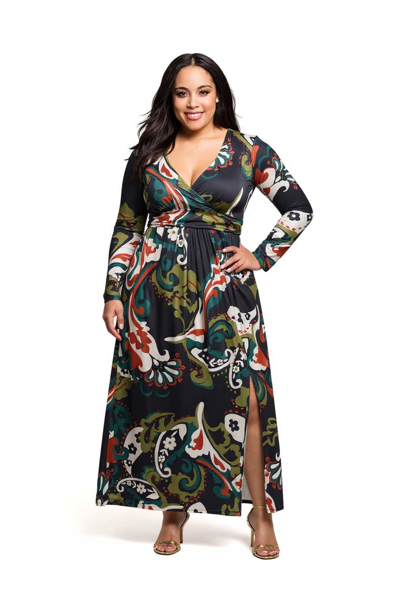 24seven Comfort Apparel Paisley Print Long Sleeve Wrap Maxi Dress, Main, color, Navy Multi