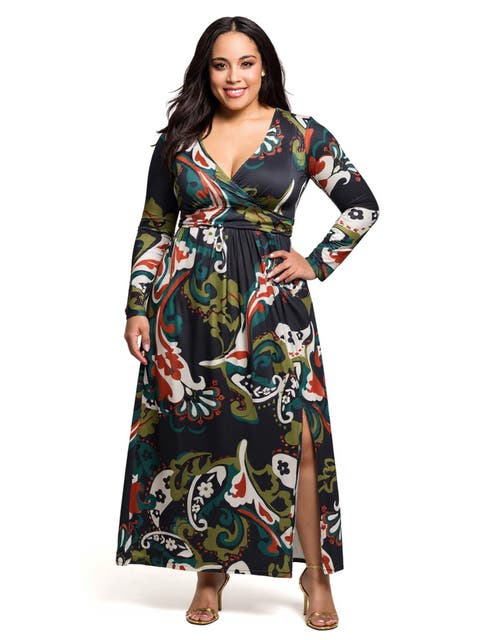 Paisley Print Long Sleeve Wrap Maxi Dress