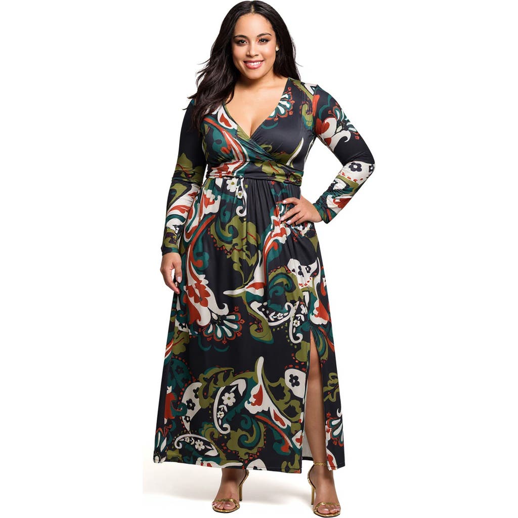 24seven Comfort Apparel Paisley Print Long Sleeve Wrap Maxi Dress In Blue