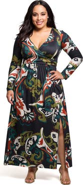 24seven Comfort Apparel Paisley Print Long Sleeve Wrap Maxi Dress