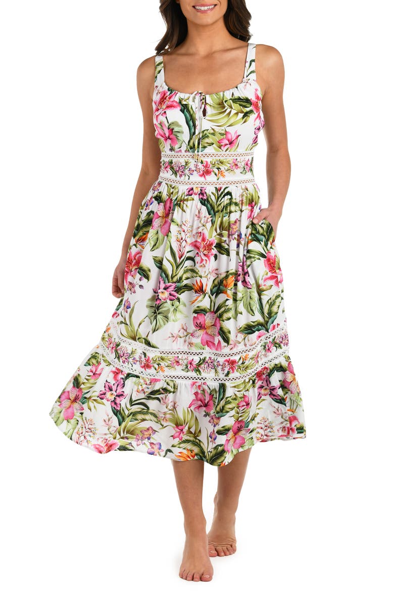 La Blanca Polynesian Tie Neck Midi Cover-Up Dress, Main, color, White Multi