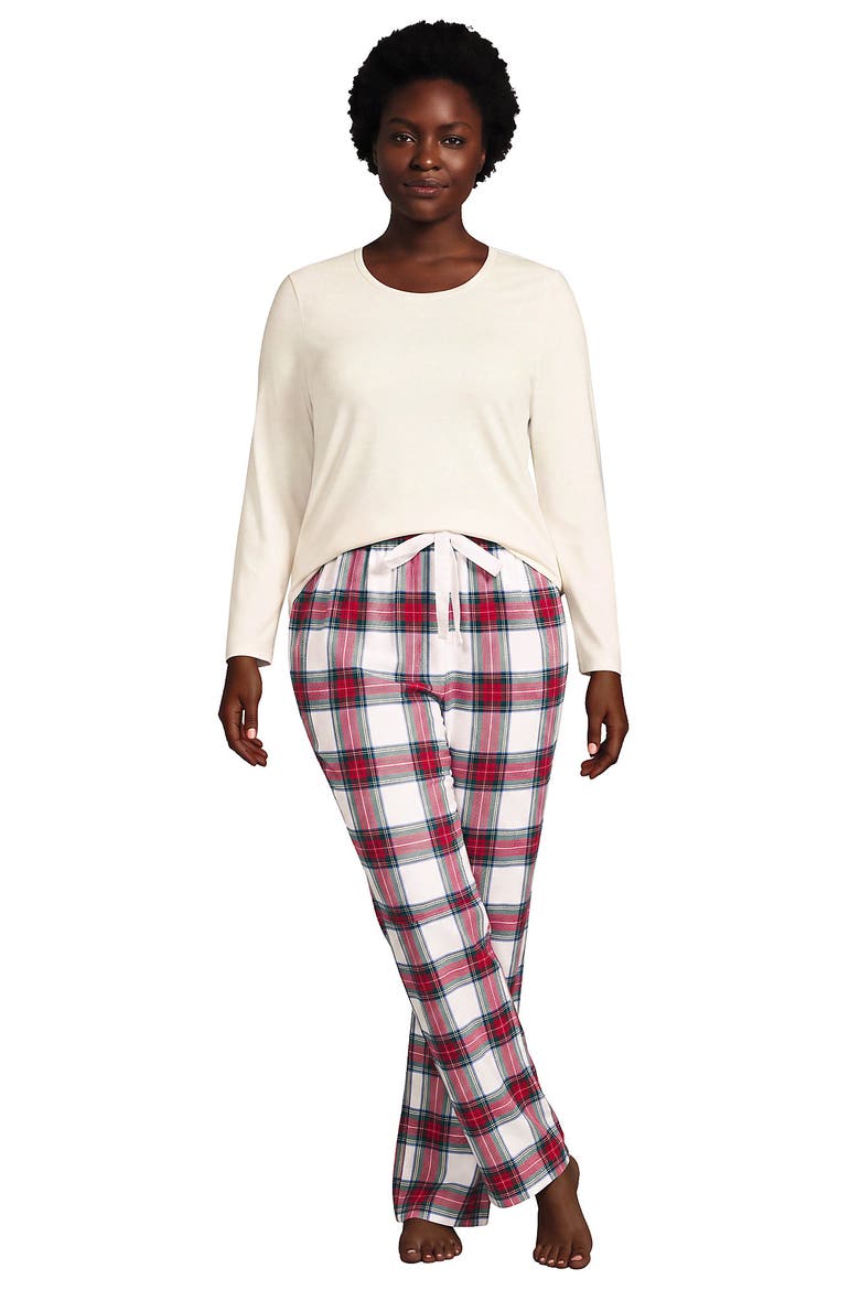 Pajama Set Knit Long Sleeve T-Shirt and Flannel Pants, Main, color, Ivory/Compass Red Multi Plaid