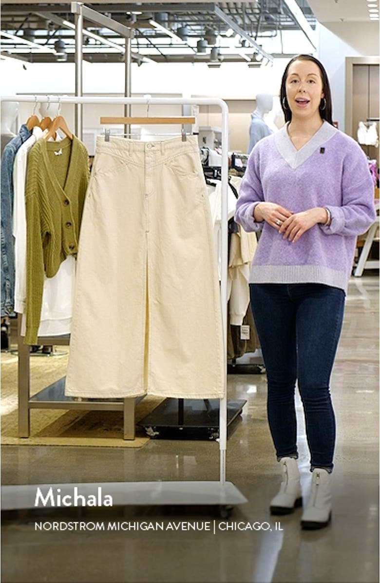 Come as You Are Frayed Hem Denim Maxi Skirt, sales video thumbnail