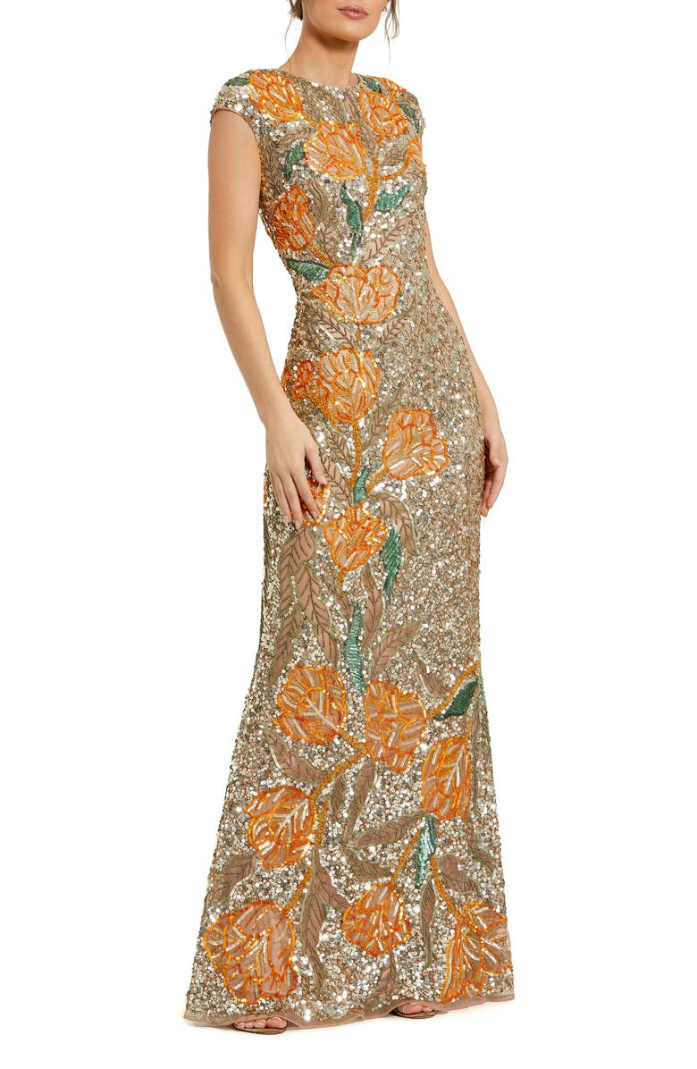 Mac Duggal Fitted Short Sleeve Floral Beaded Gown, Main, color,