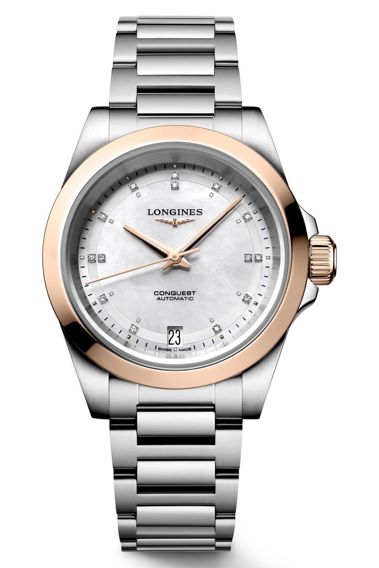 Conquest 18K Rose Gold Bezel, Mother-of-Pearl & Diamond Automatic Bracelet Watch, 34mm, Main, color, WHITE MOTHER-OF-PEARL