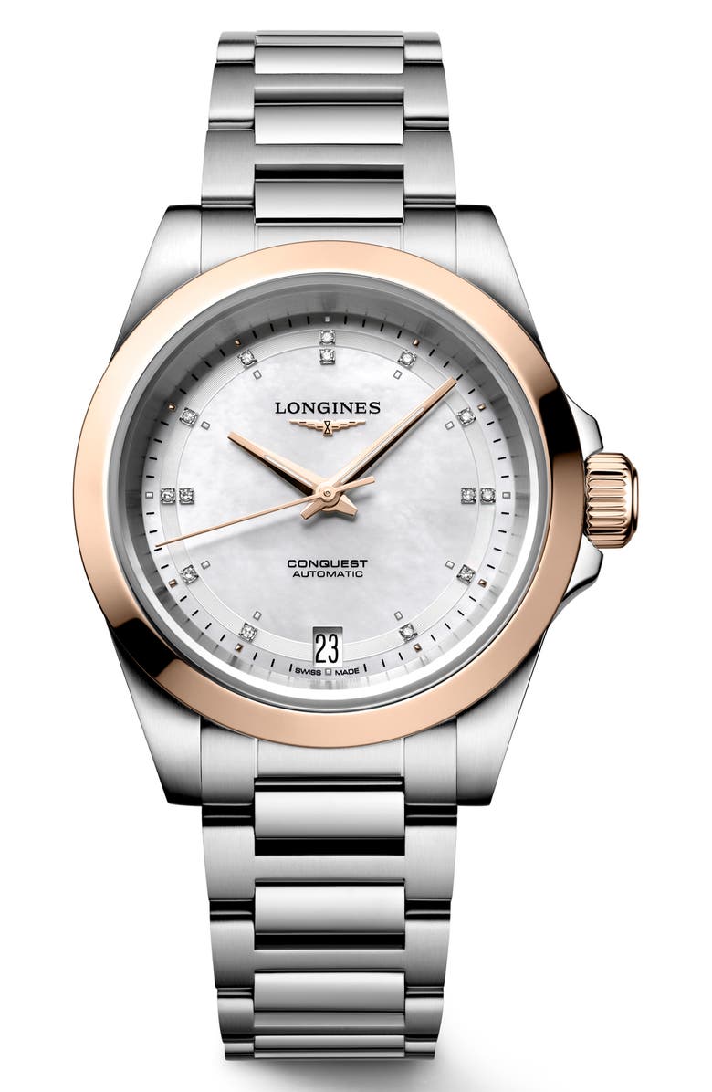 Longines Conquest 18K Rose Gold Bezel, Mother-of-Pearl & Diamond Automatic Bracelet Watch, 34mm, Main, color, White Mother-Of-Pearl